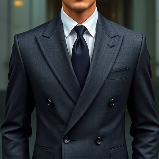 A distinguished double-breasted charcoal grey suit with wide lapels and a sharp silhouette, suited for formal business events.